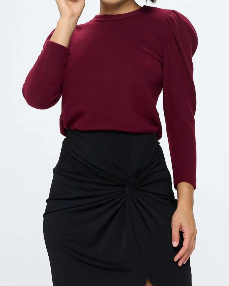 Front of a model wearing a size Large Brushed Knit Top in Burgundy in Burgundy by reneec.. | dia_product_style_image_id:332466